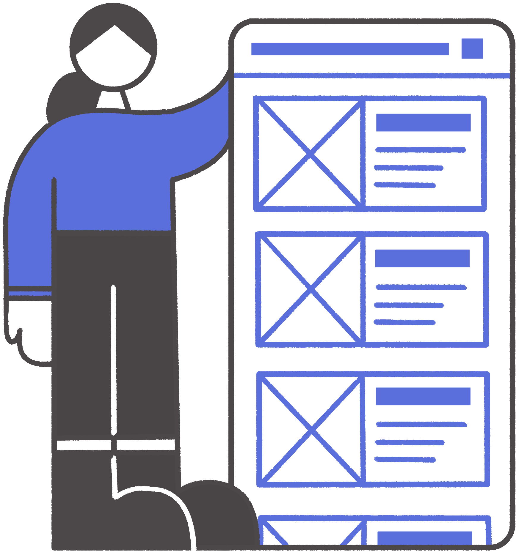 Conceptual illustration of a UX/UI Designer standing next to a mobile user interface